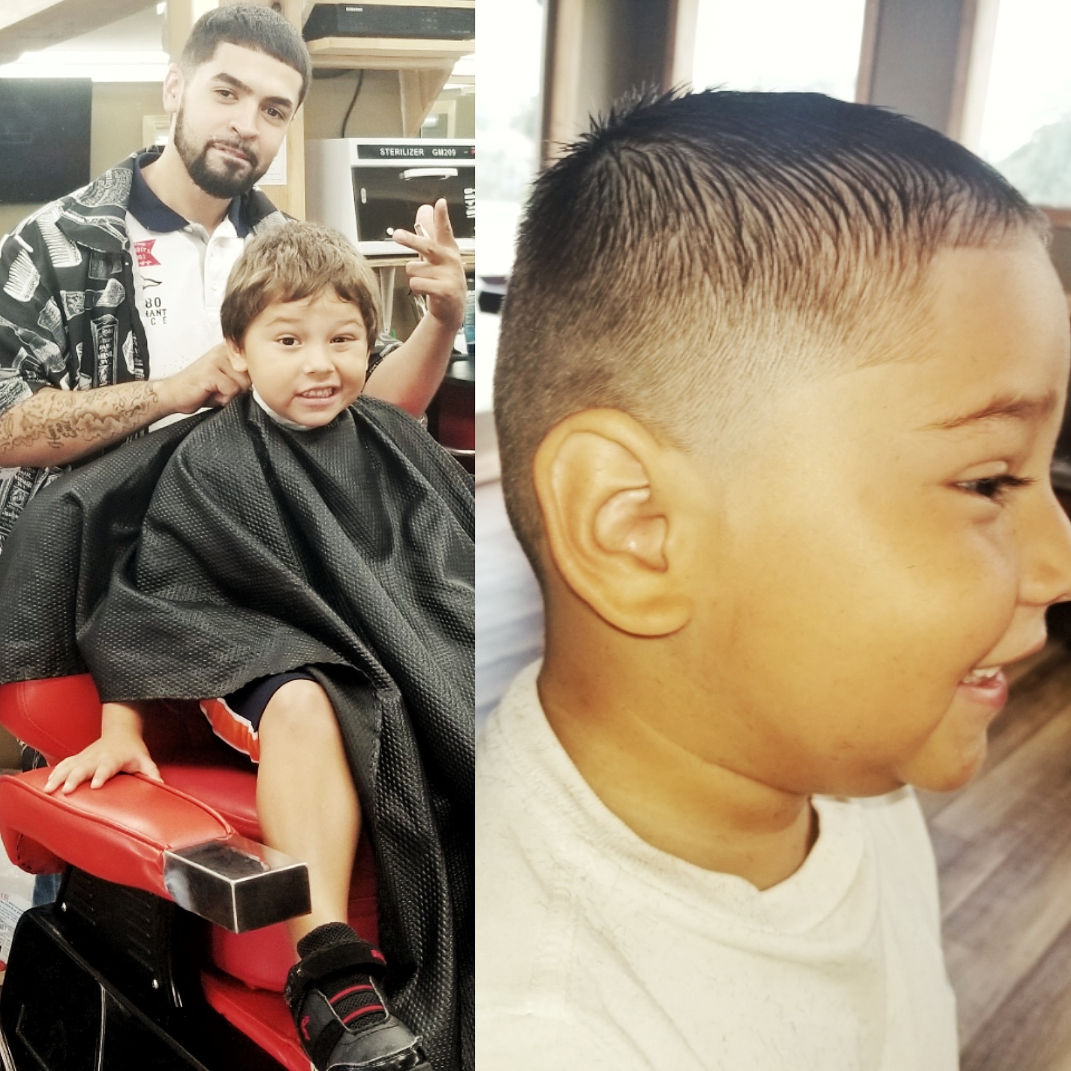 A young client in the red barber chair next to a close-up of his fresh cut